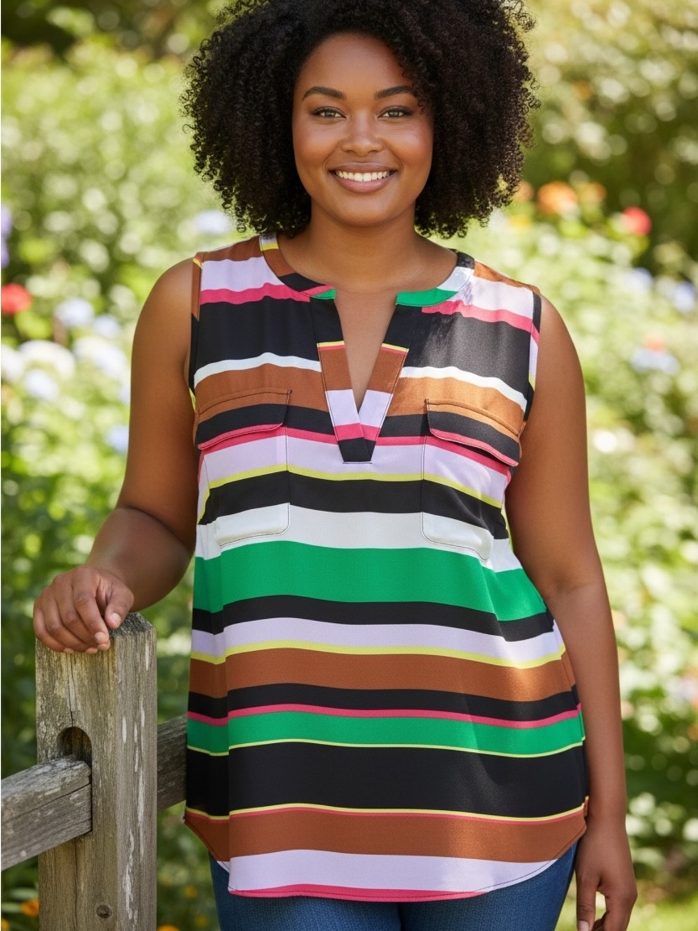 Worthington Woman 1X Multicolor Striped Sleeveless Blouse